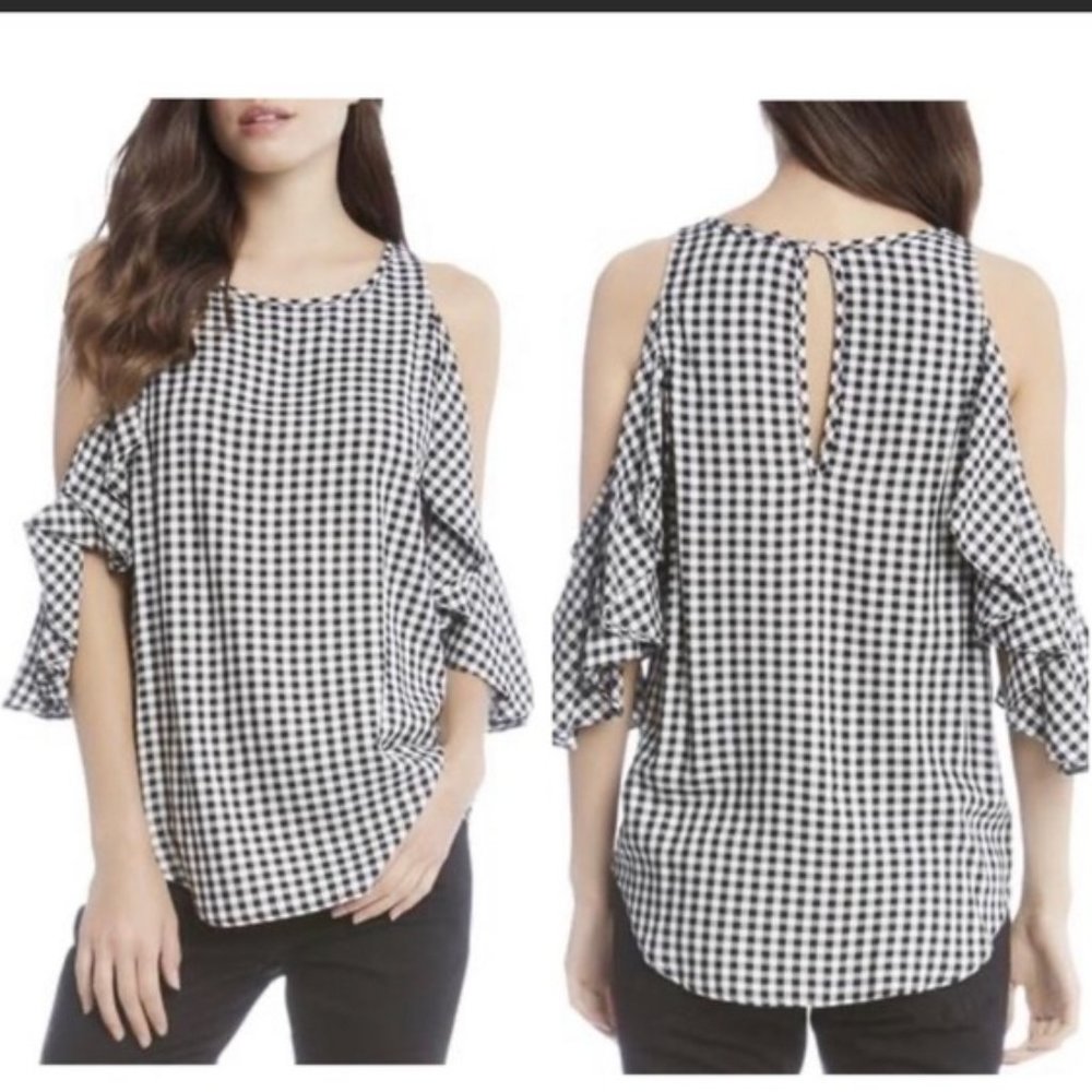KAREN KANE Ruffle Cold Shoulder Gingham Top EUC - Picture 1 of 8